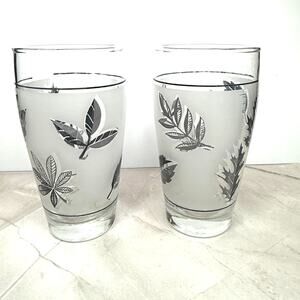 1960s Libbey Frosted Silver Leaf 12 Ounce Drinking Glasses Set of 2 DISCONTINUED